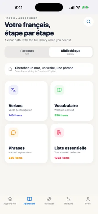 The Learn library showing verbs, vocabulary, phrases and the curated collection with their item counts.