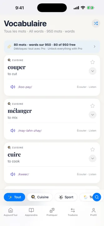A French vocabulary list with word cards showing meaning, IPA pronunciation and a listen button.